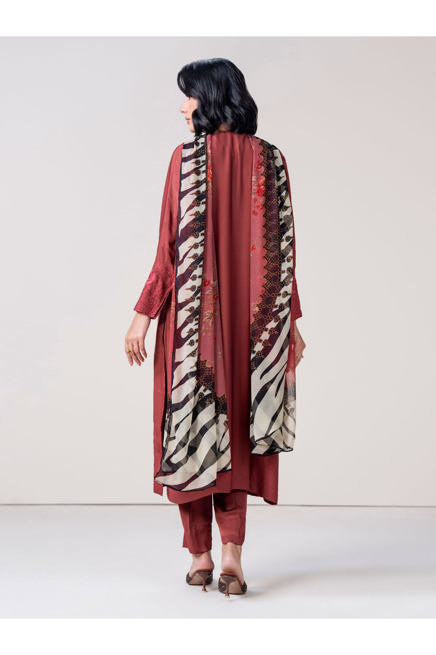 Burgundy Silk 3-Piece Suit | Resham Embroidered Kameez