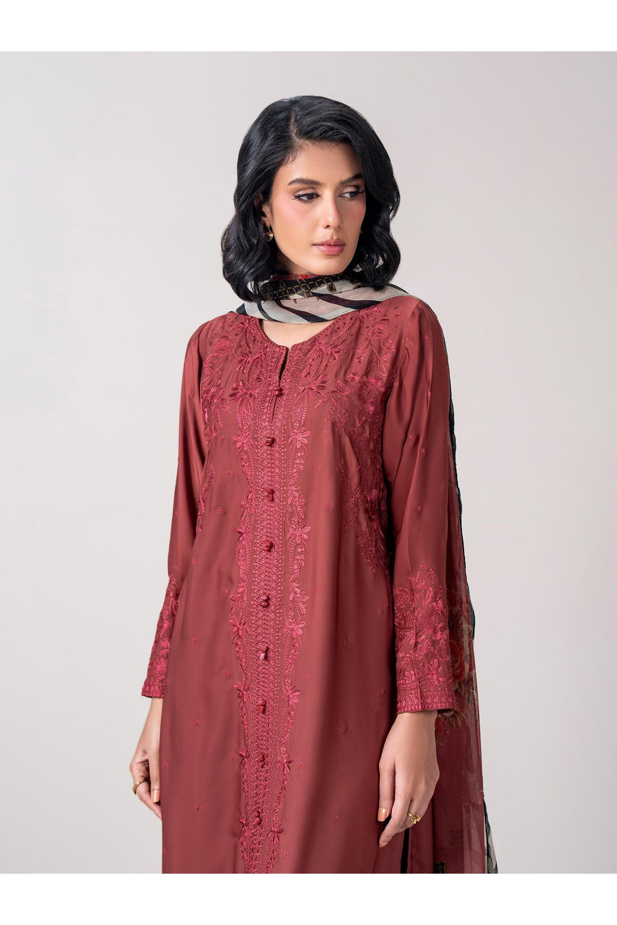 Burgundy Silk 3-Piece Suit | Resham Embroidered Kameez