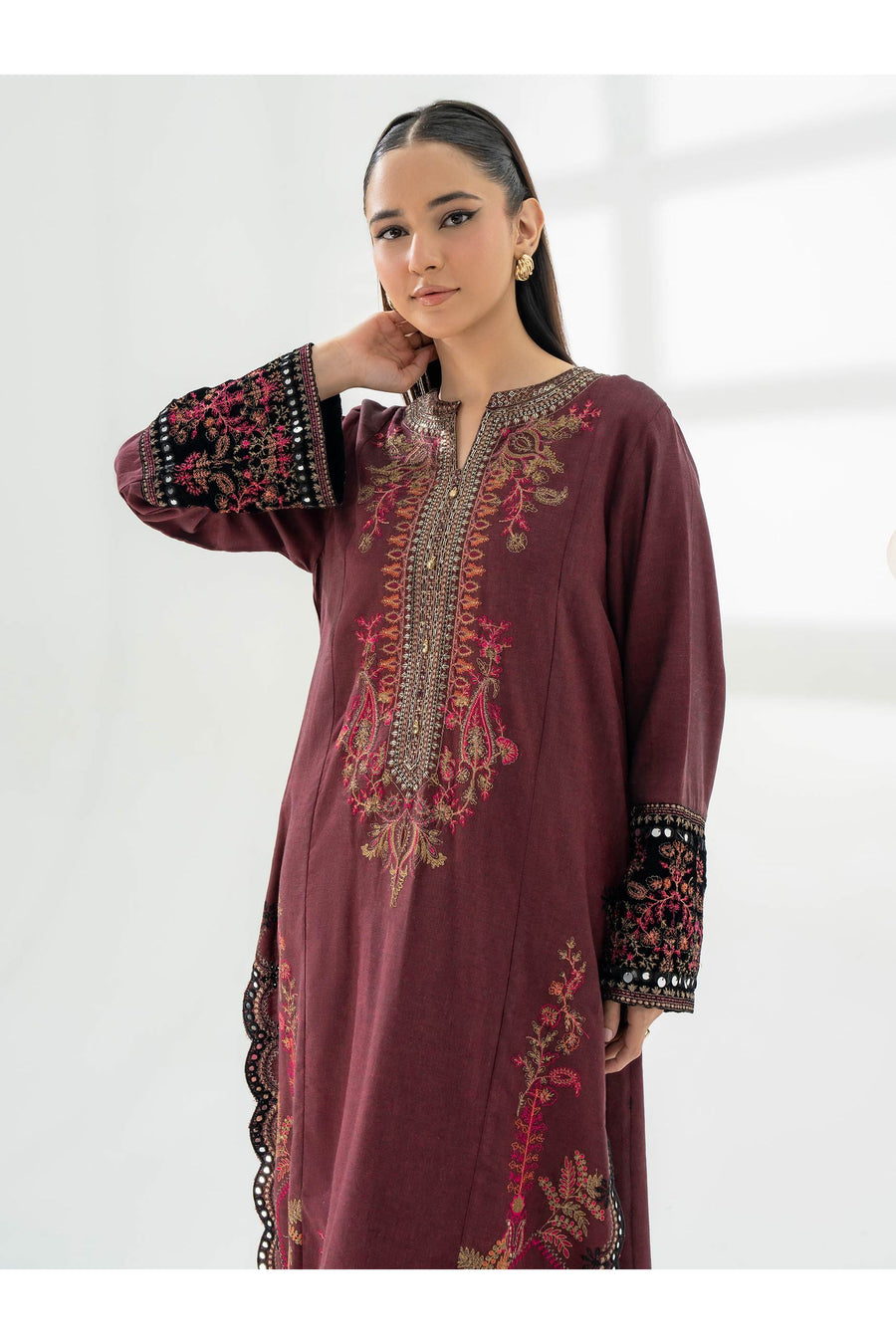 Stylish 2 Piece Yarn Dyed Embroidered Suit
