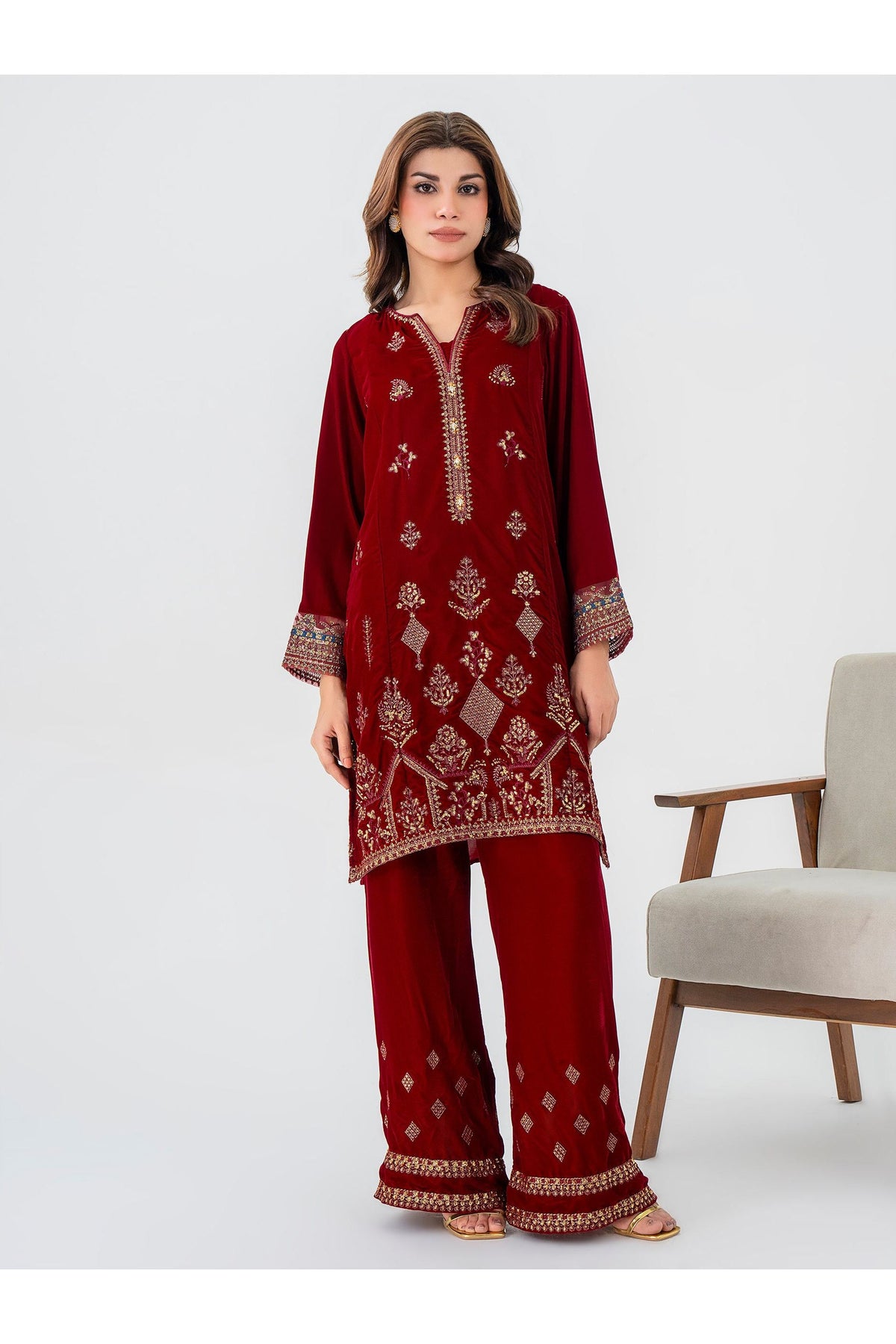 Embroidered Velvet Two-Piece Suit Set