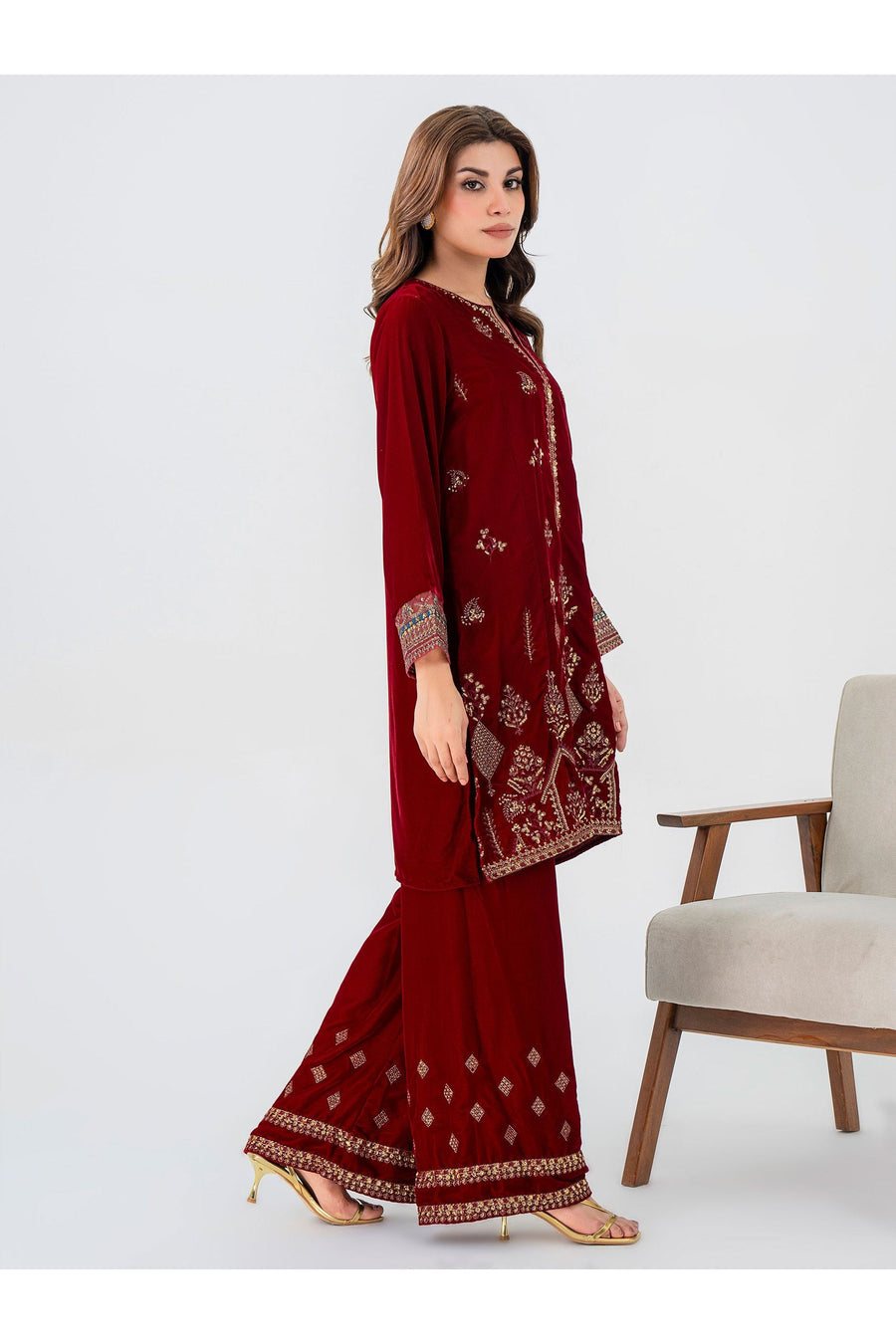 Embroidered Velvet Two-Piece Suit Set