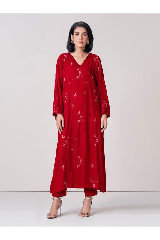 Crimson Viscose 2-Piece Salwar Kameez | Floral Resham Embroidery