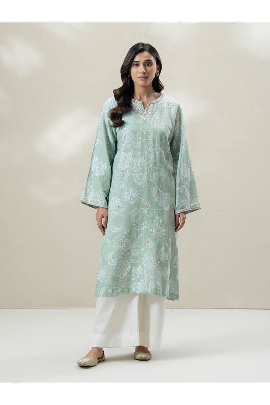 Sage Green Jacquard 2-Piece Kurta | Embroidered Neckline