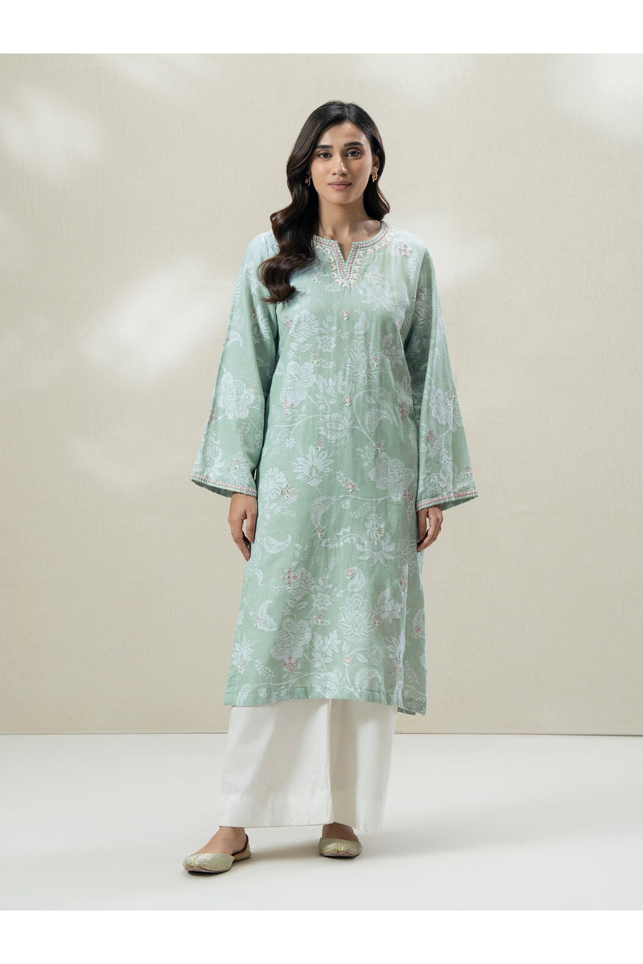 Sage Green Jacquard 2-Piece Kurta | Embroidered Neckline