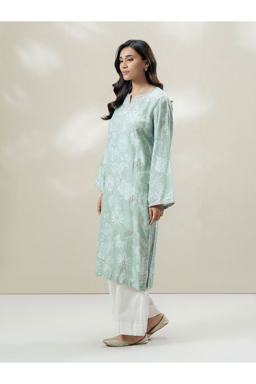 Sage Green Jacquard 2-Piece Kurta | Embroidered Neckline