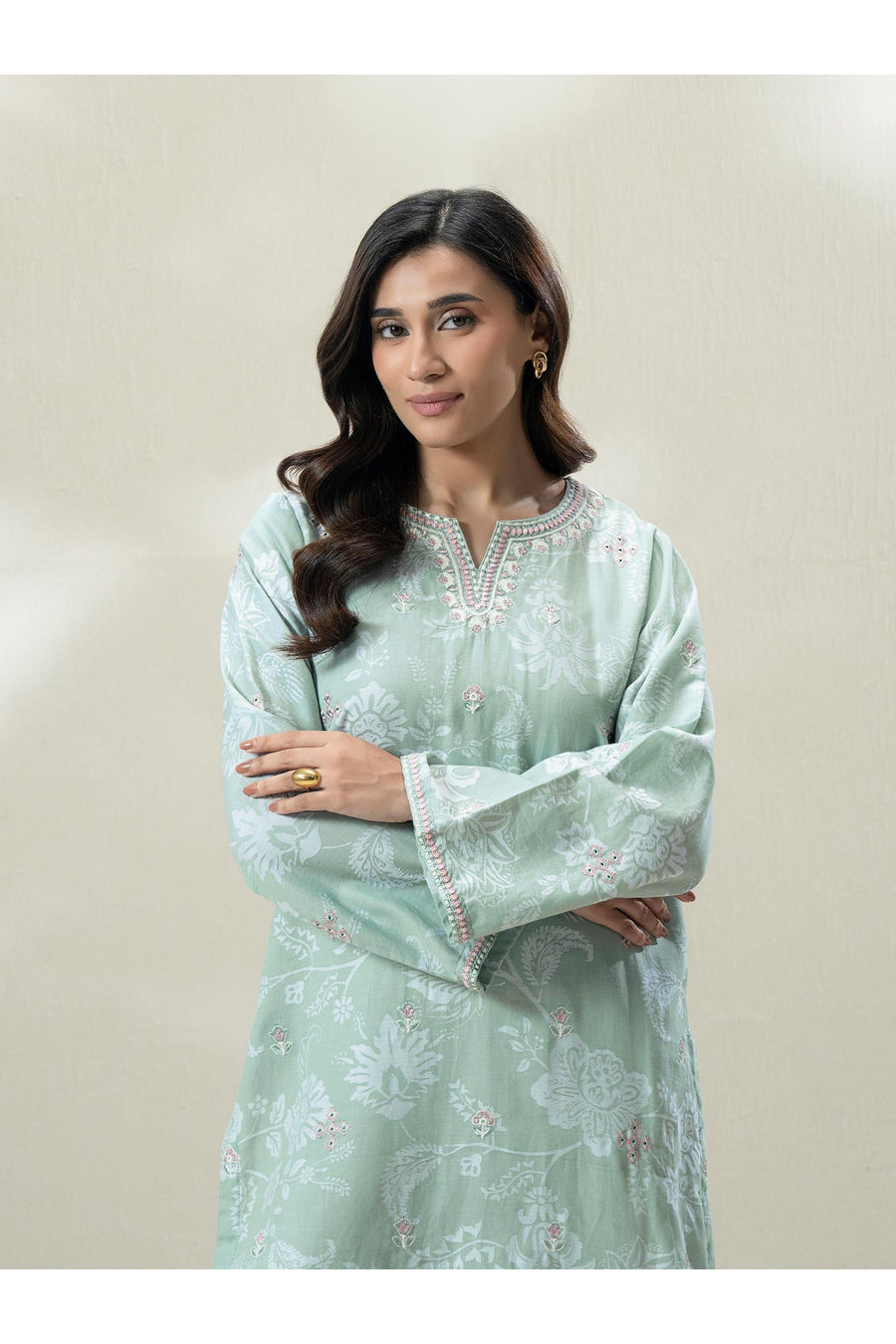Sage Green Jacquard 2-Piece Kurta | Embroidered Neckline