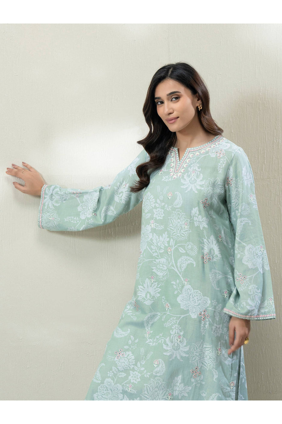 Sage Green Jacquard 2-Piece Kurta | Embroidered Neckline