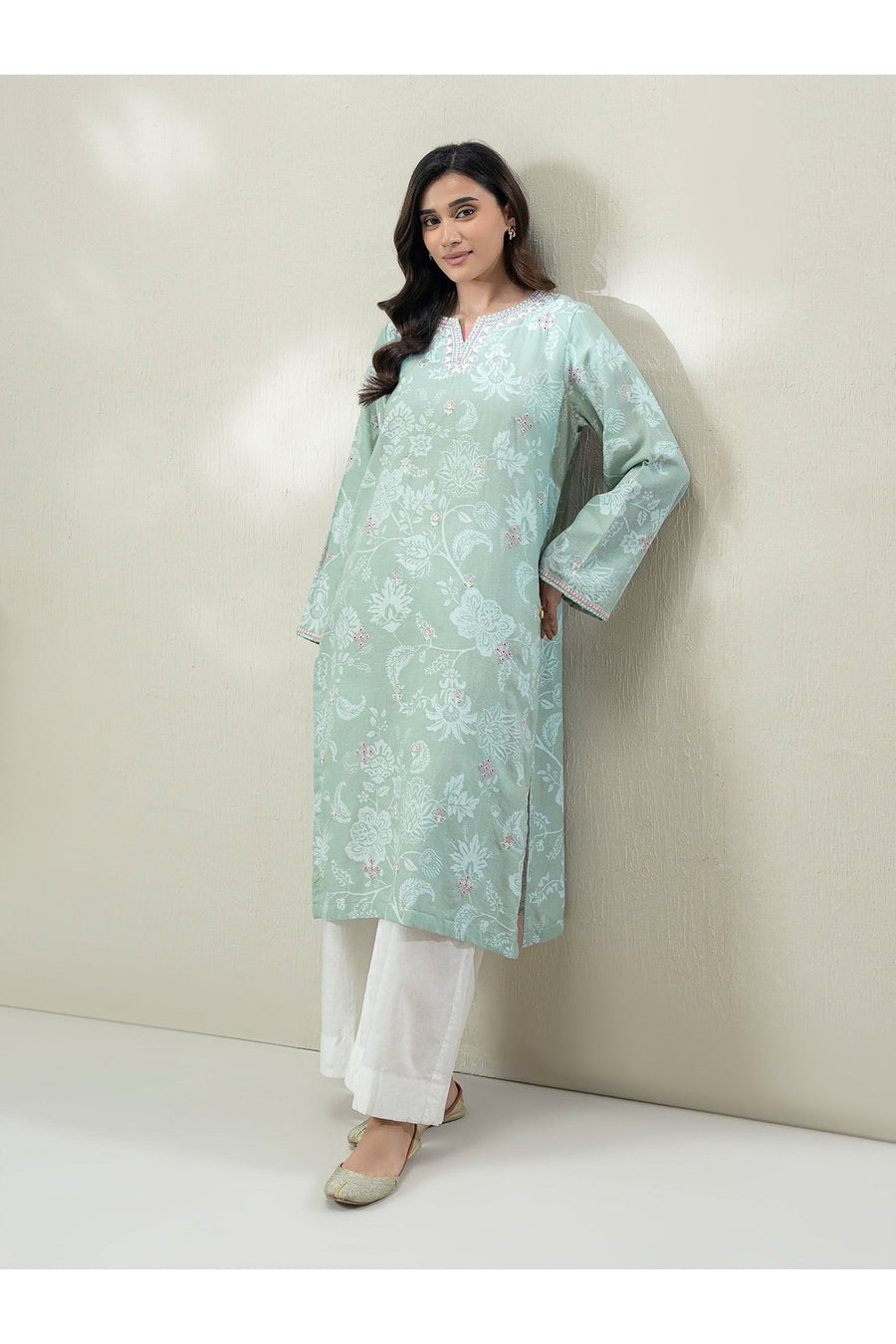 Sage Green Jacquard 2-Piece Kurta | Embroidered Neckline