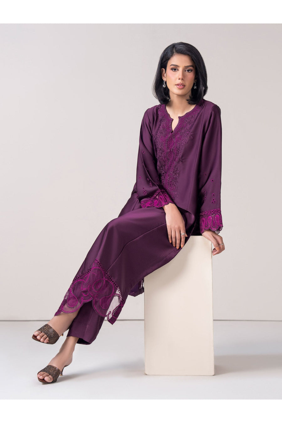 Plum Silk Organza 3-Piece Suit | Resham & Patchwork