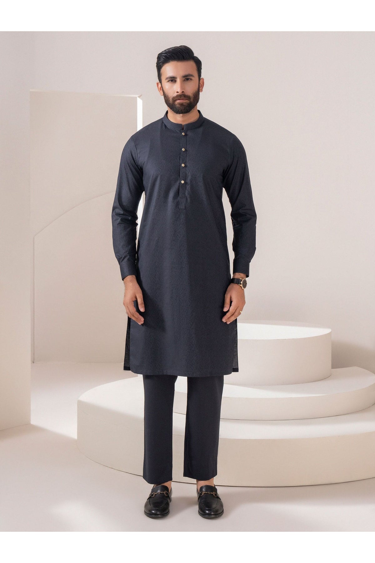 Midnight Navy Jacquard 2-Piece Kurta Suit | Mandarin Collar