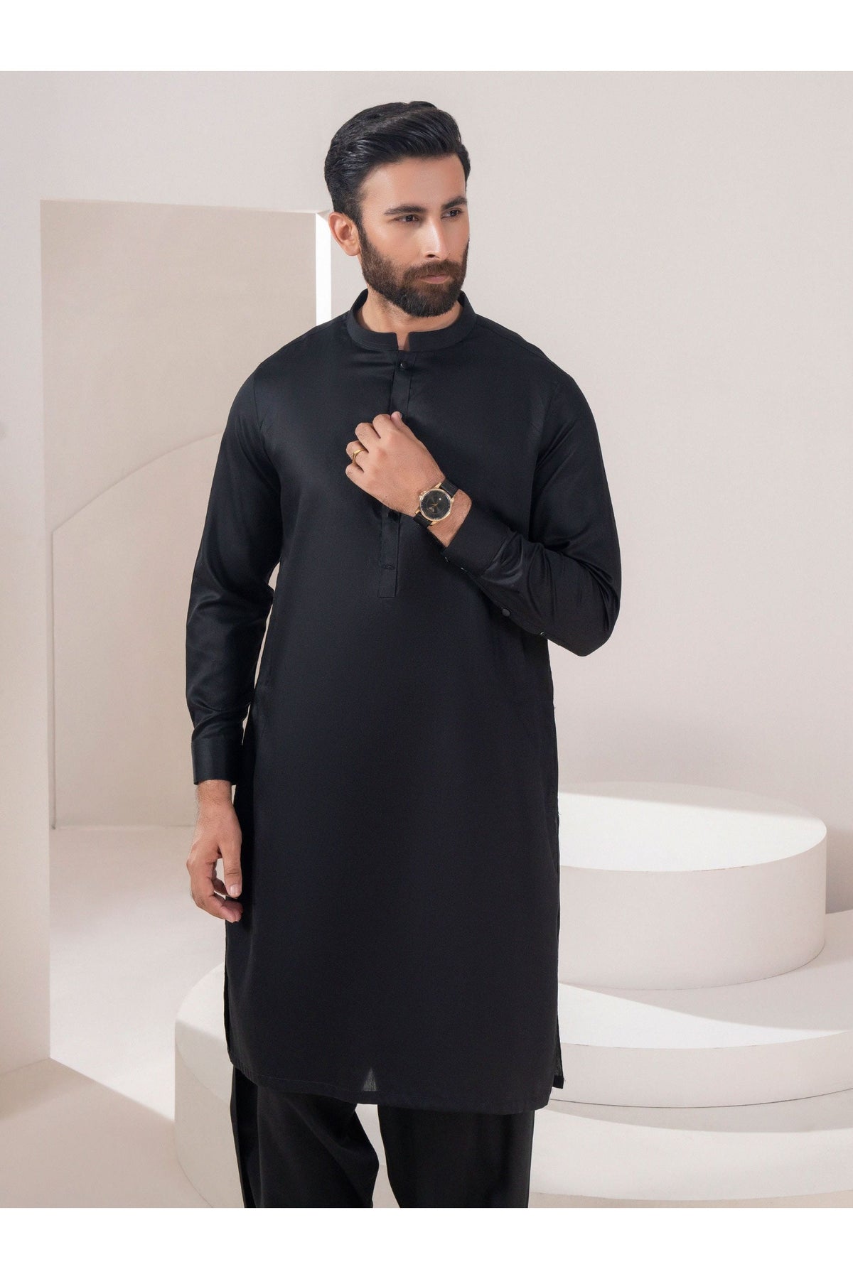 Midnight Black Silk 2-Piece Kurta Suit | Mandarin Collar