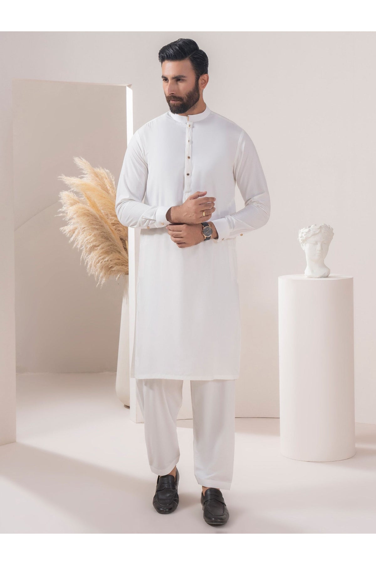 Ivory Cotton 2-Piece Kurta Suit | Mandarin Collar