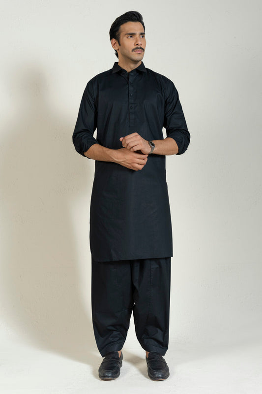 Midnight Cotton 2-Piece Kurta Set | Tailored Collar