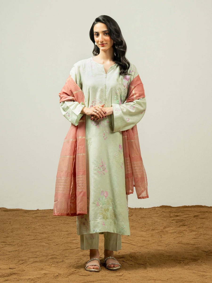 3 Piece Jacquard Suit-Embroidered (Pret) - Pehnaawaa