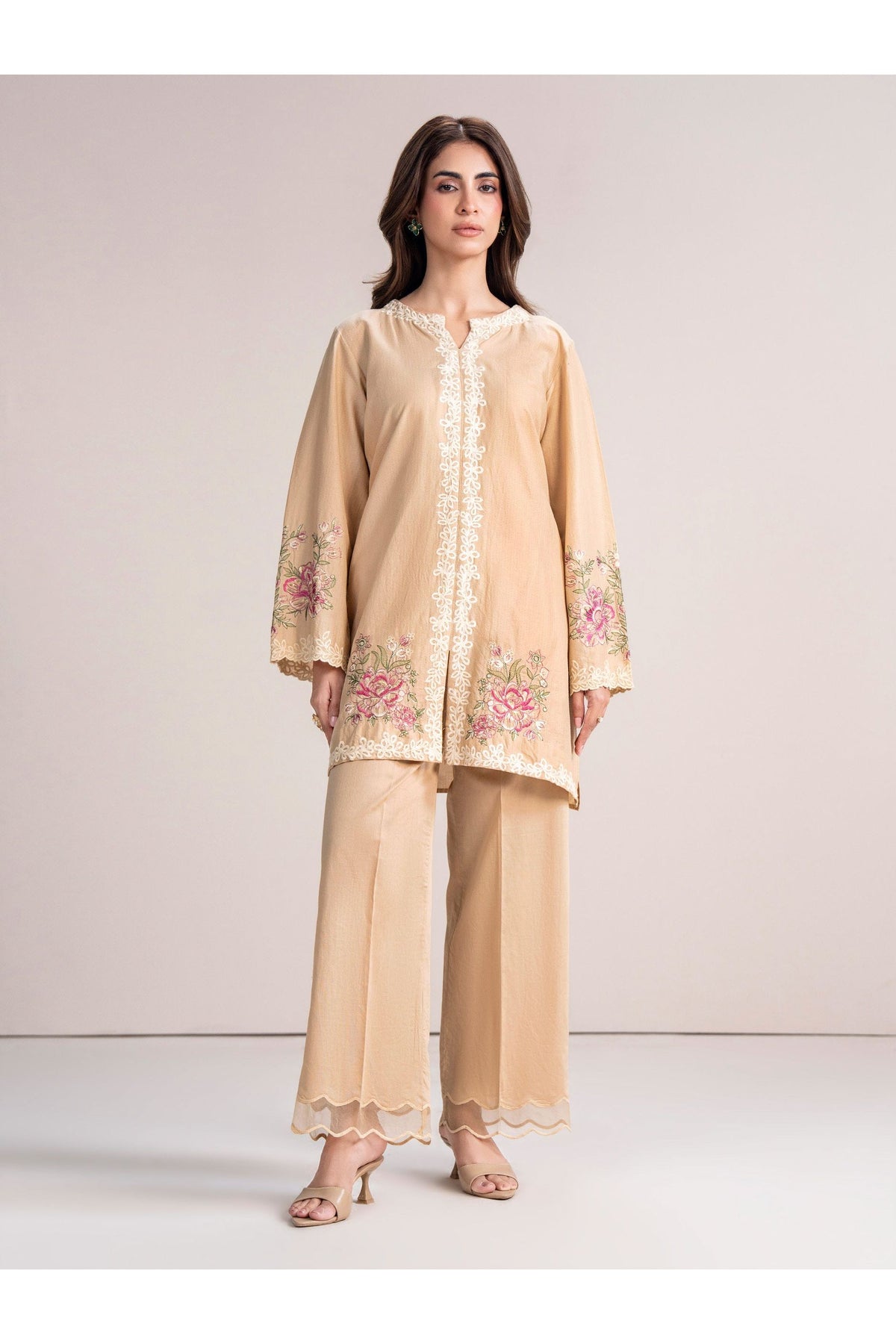 Cream Dobby 2-Piece Coord Set | Floral Resham Embroidery