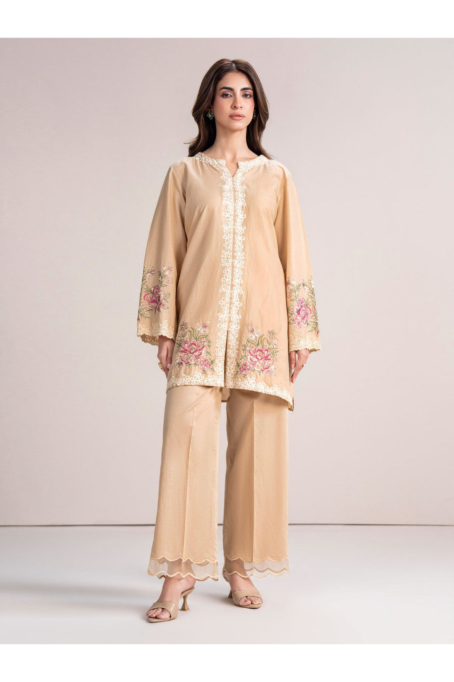 Cream Dobby 2-Piece Coord Set | Floral Resham Embroidery
