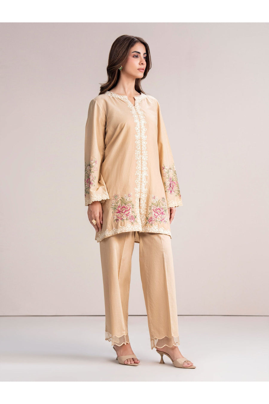 Cream Dobby 2-Piece Coord Set | Floral Resham Embroidery