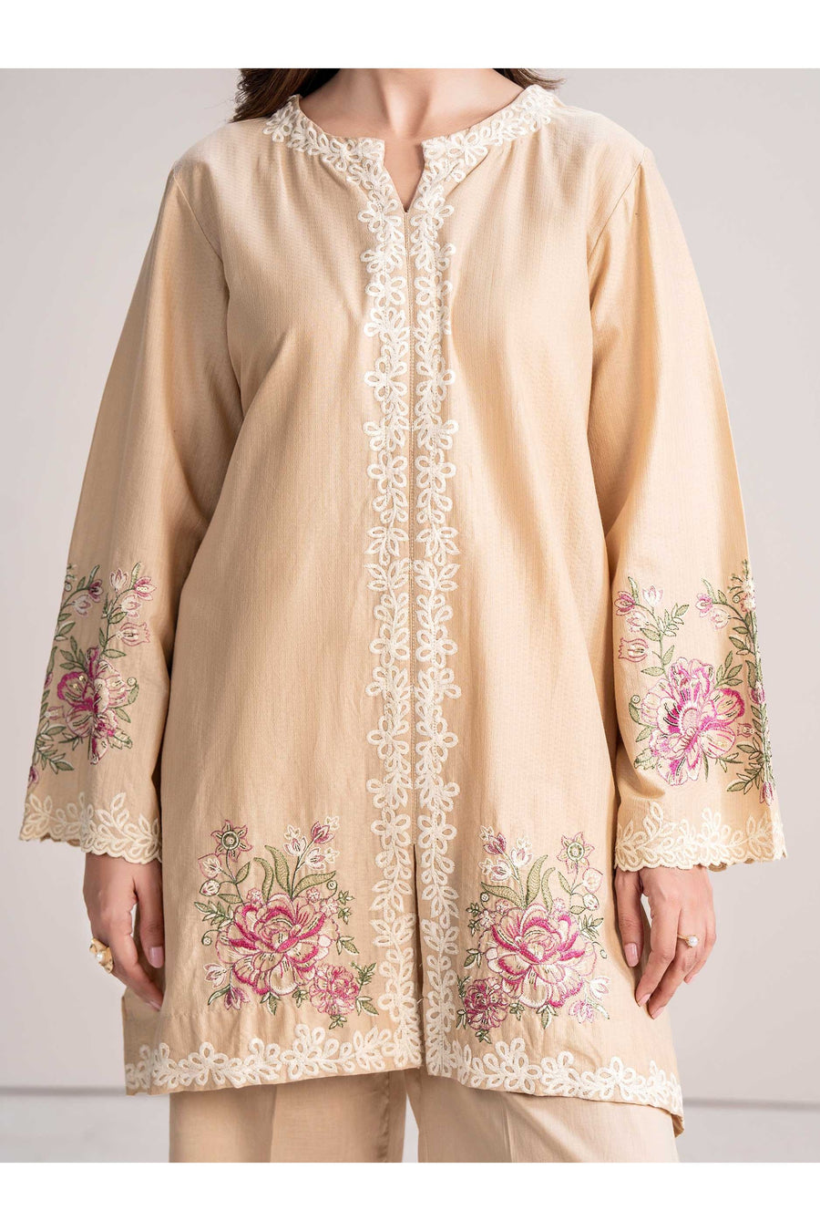 Cream Dobby 2-Piece Coord Set | Floral Resham Embroidery