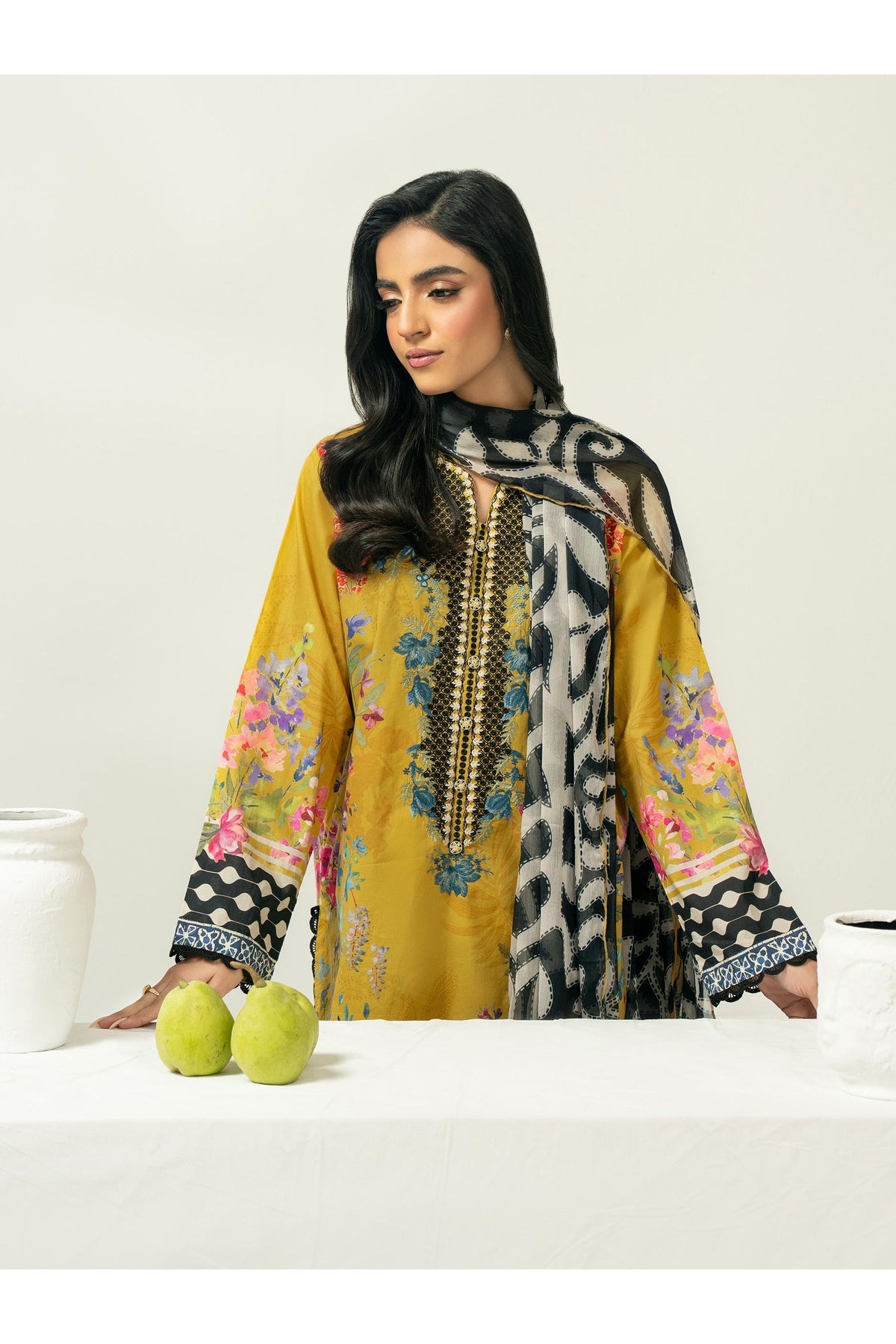 Embroidered 3-Piece Cambric Suit – Mustard & Black