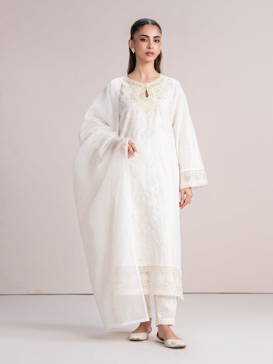 3 Piece Cotton Net Suit- Embroidered (Pret) - Pehnaawaa