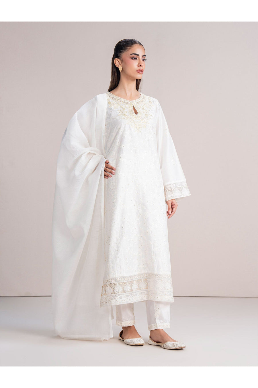 Ivory Cotton Net 3-Piece Suit | Sequin-Tilla & Organza