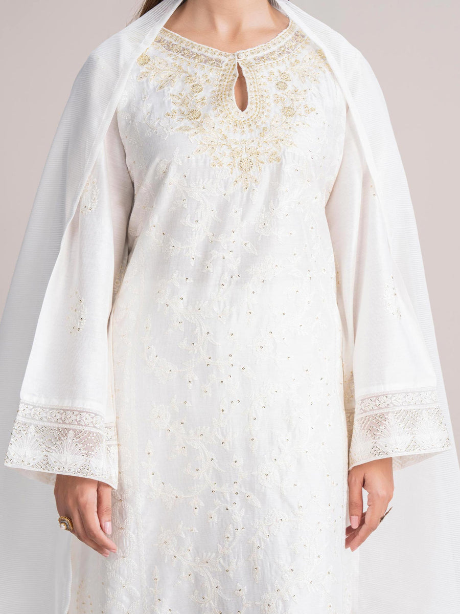 3 Piece Cotton Net Suit- Embroidered (Pret) - Pehnaawaa