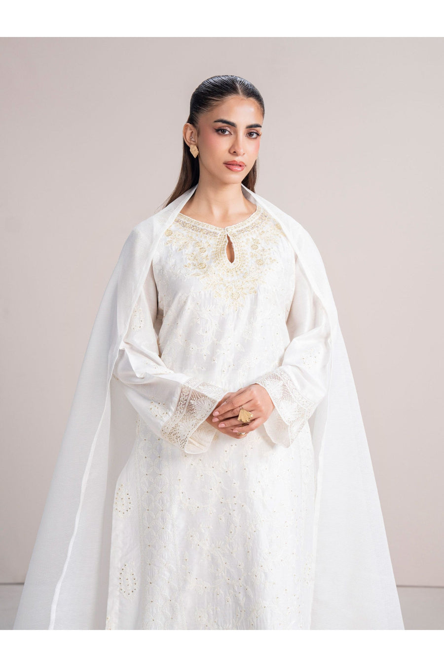 Ivory Cotton Net 3-Piece Suit | Sequin-Tilla & Organza