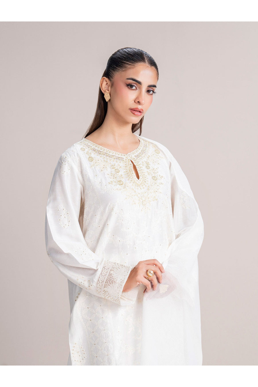 Ivory Cotton Net 3-Piece Suit | Sequin-Tilla & Organza