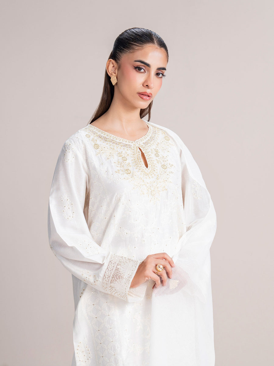 3 Piece Cotton Net Suit- Embroidered (Pret) - Pehnaawaa