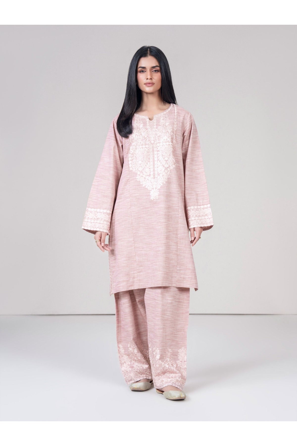 Tea Pink Linen 2-Piece Suit | Resham Embroidery Neckline