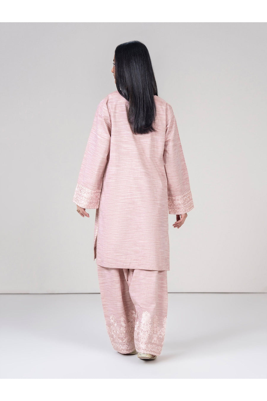 Tea Pink Linen 2-Piece Suit | Resham Embroidery Neckline - Pehnaawaa