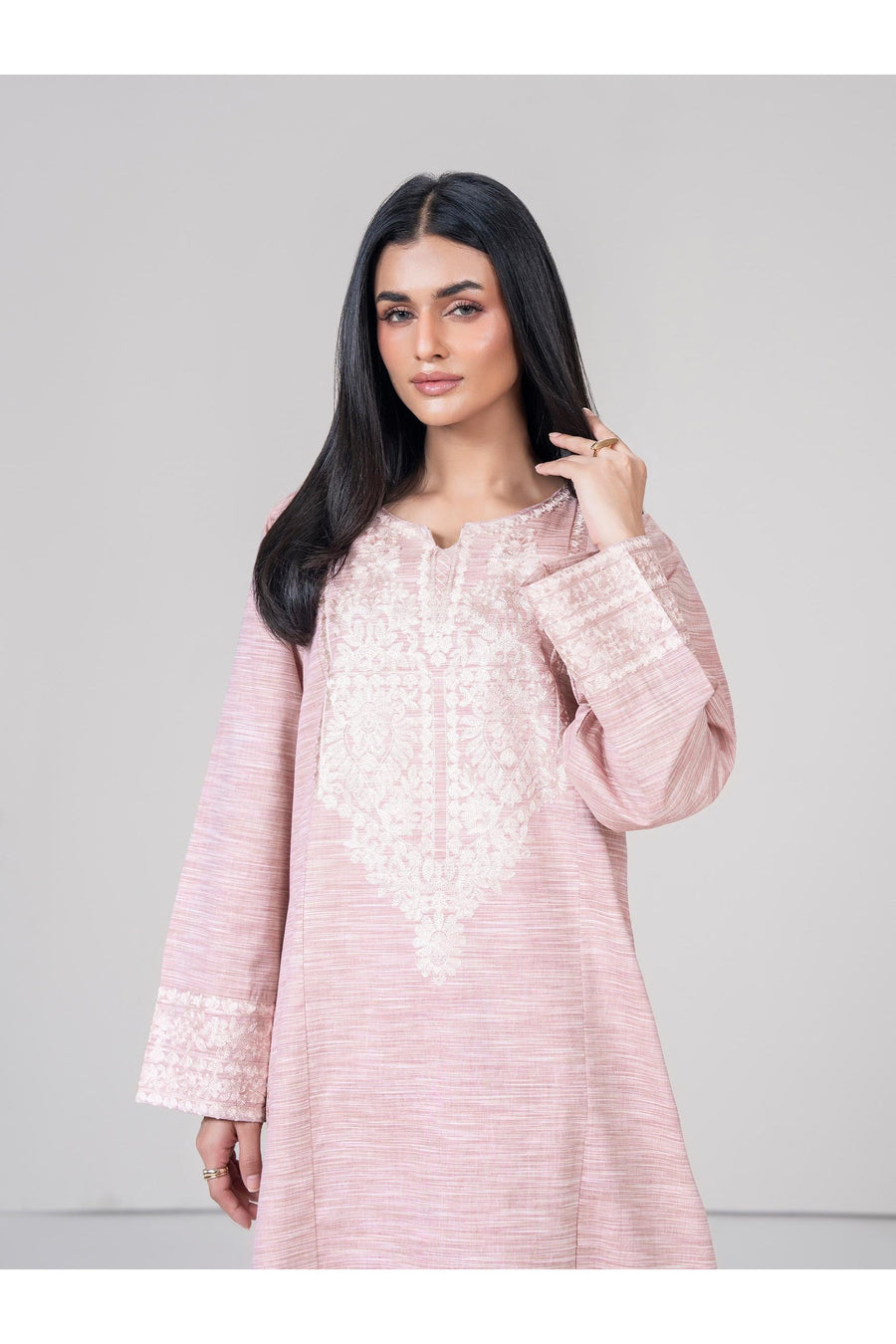 Tea Pink Linen 2-Piece Suit | Resham Embroidery Neckline - Pehnaawaa