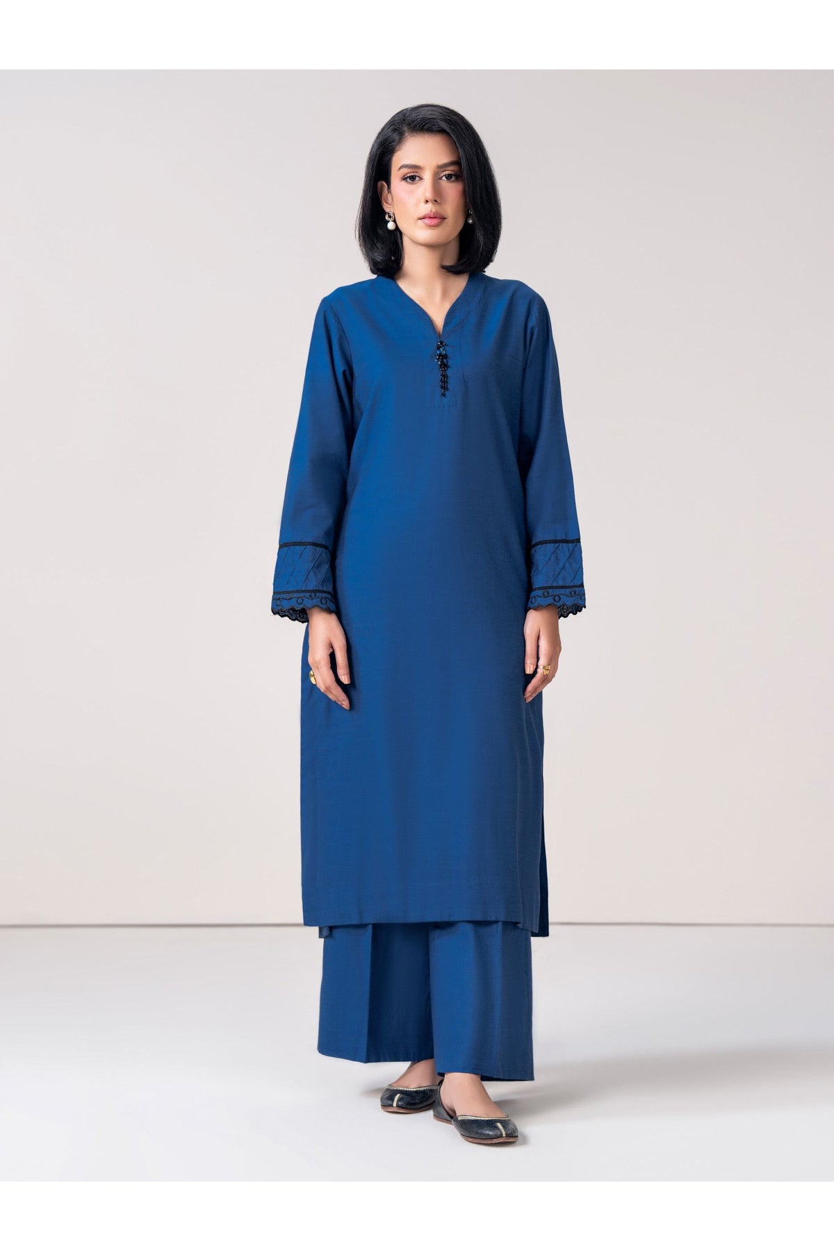 Slate Blue Cotton 2-Piece Salwar Kameez | V-Neck Resham