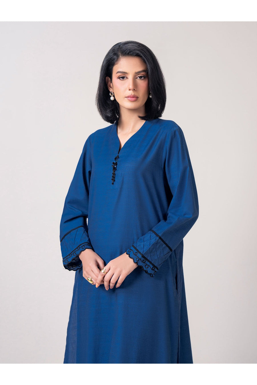 Slate Blue Cotton 2-Piece Salwar Kameez | V-Neck Resham