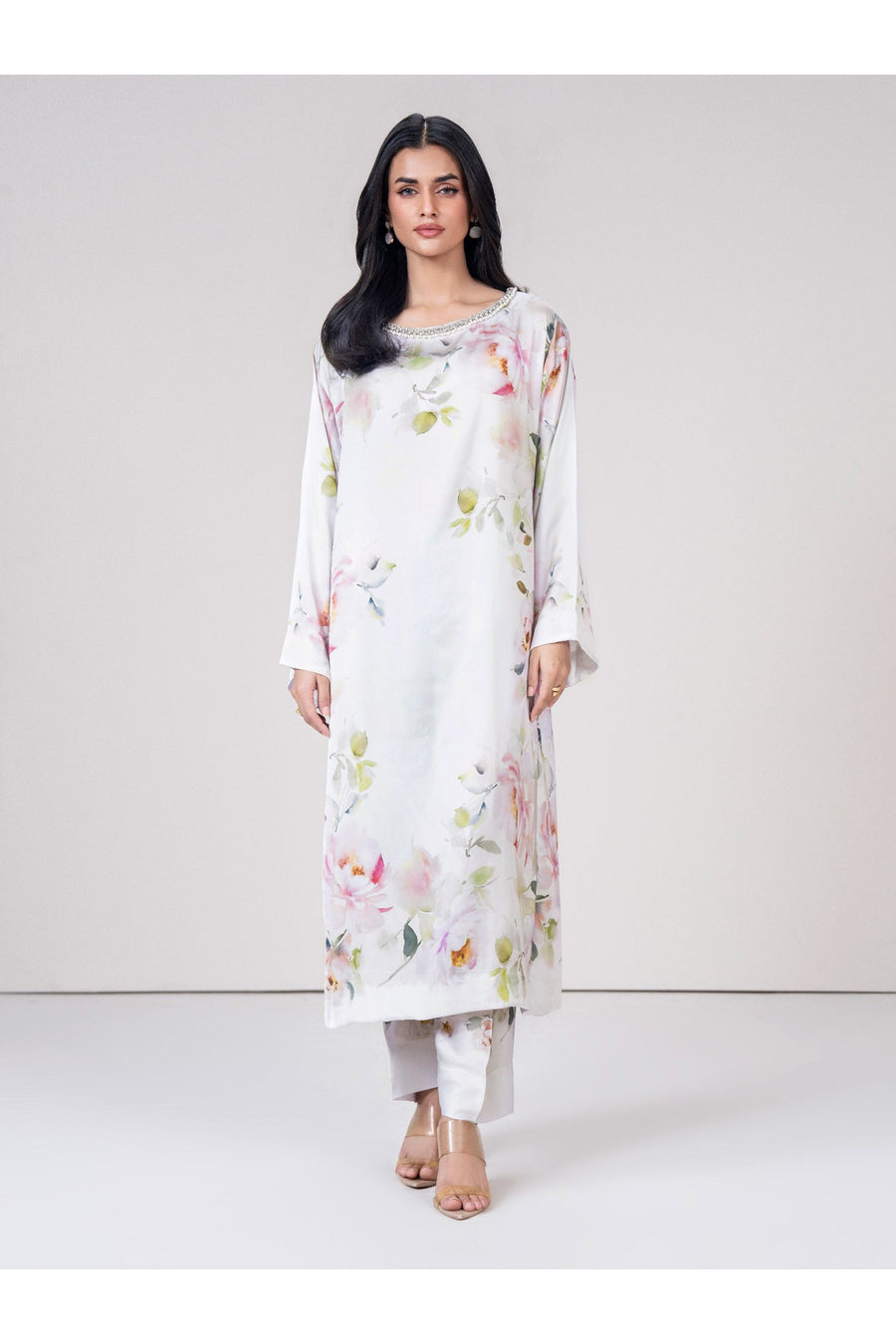 Ivory Silk Charmeuse 2-Piece Suit | Floral Print with Embellished Neckline
