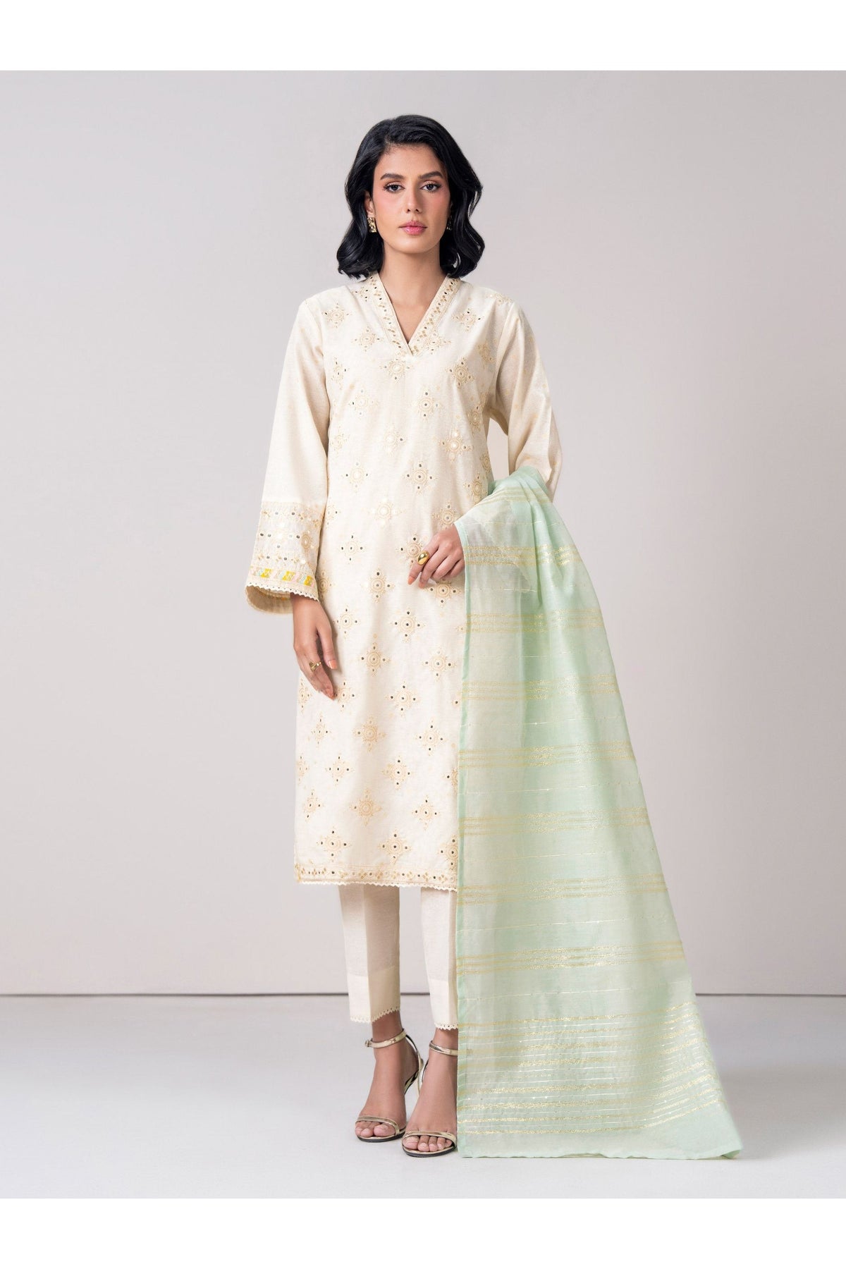 Ivory Jacquard 3-Piece Salwar Kameez | Mirror Work V-Neck