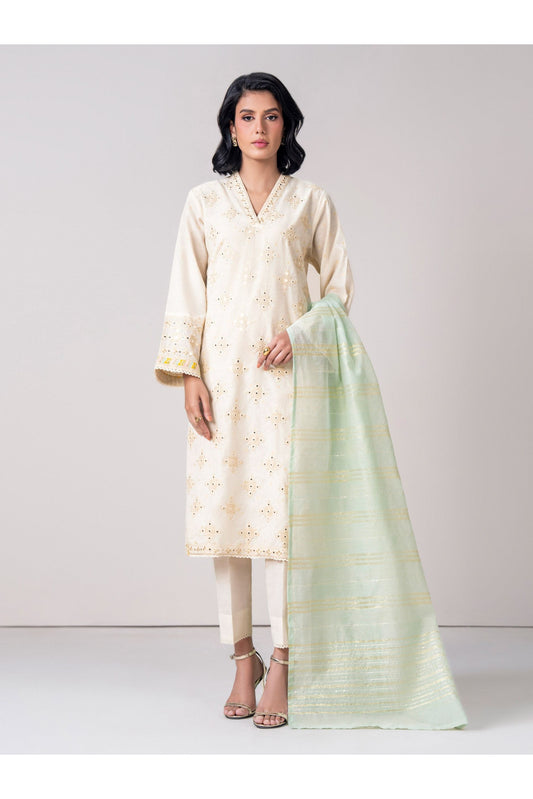 Ivory Jacquard 3-Piece Salwar Kameez | Mirror Work V-Neck