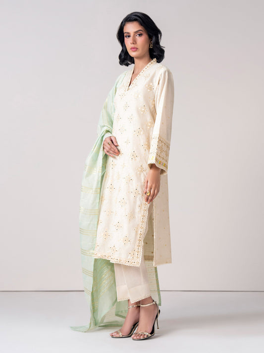 3 Piece Self Jacquard Suit- Embroidered (Pret) - Pehnaawaa