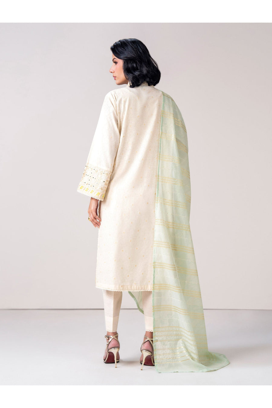Ivory Jacquard 3-Piece Salwar Kameez | Mirror Work V-Neck