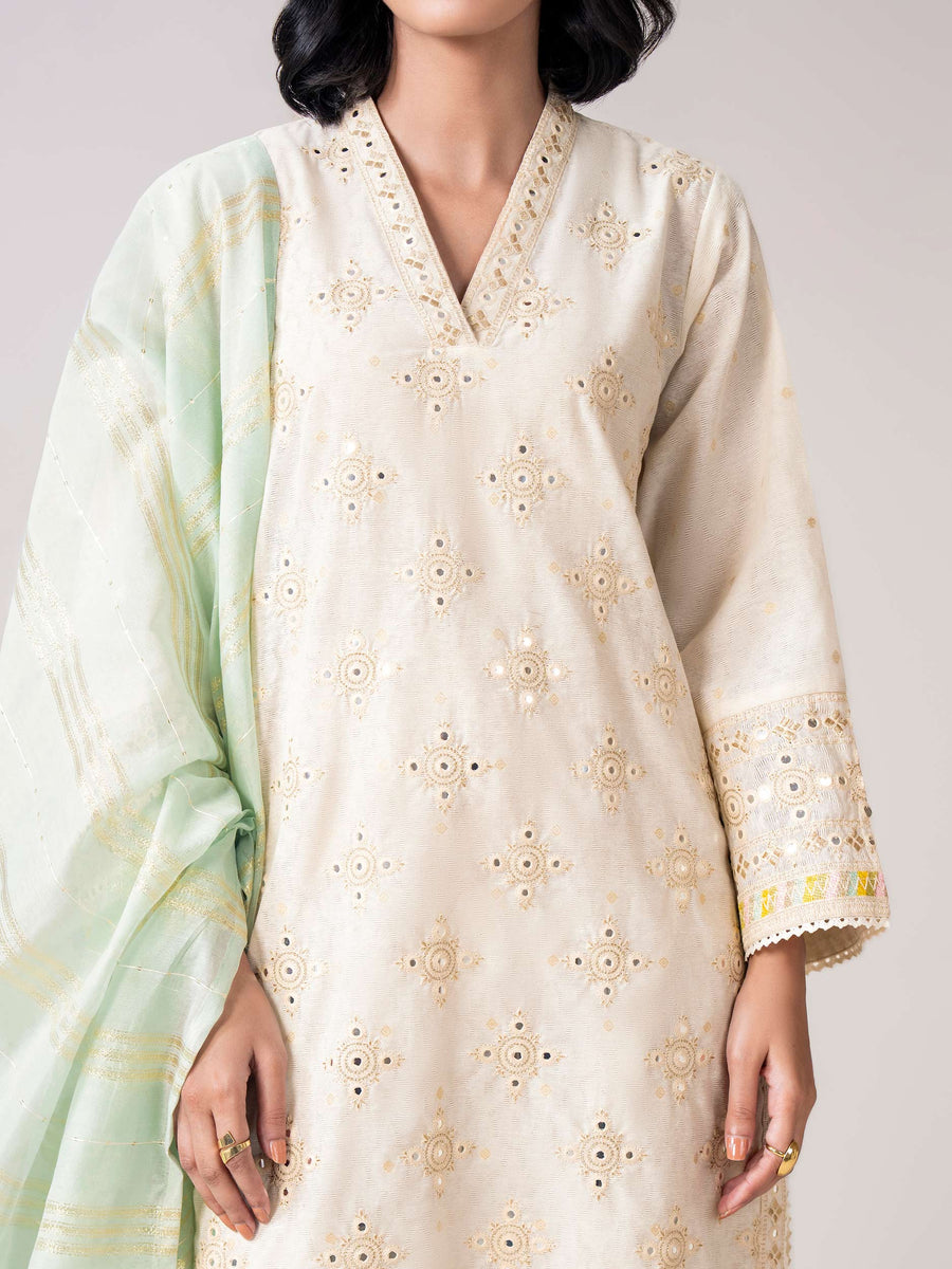 3 Piece Self Jacquard Suit- Embroidered (Pret) - Pehnaawaa
