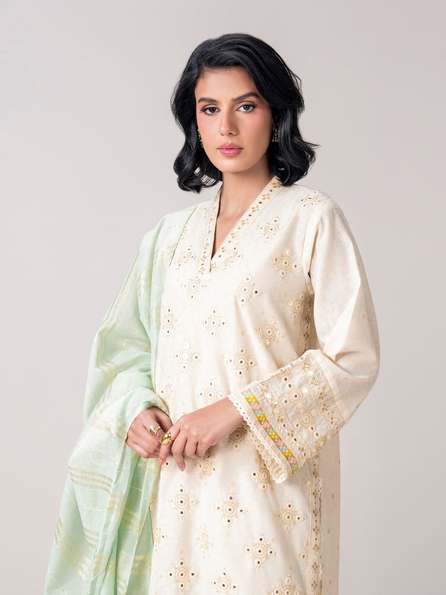 3 Piece Self Jacquard Suit- Embroidered (Pret) - Pehnaawaa