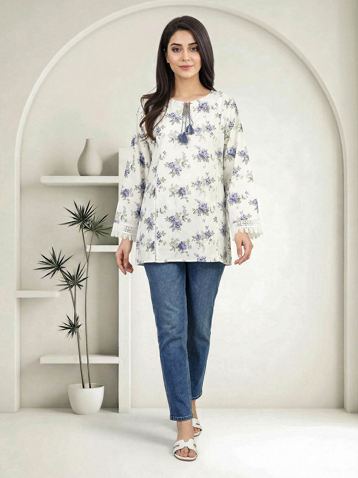 Printed Cambric Eastern Top | Lace