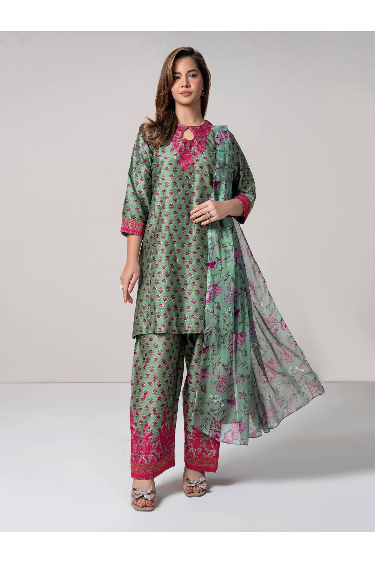 Sage Green Lawn 3-Piece Salwar Kameez | Resham Embroidery