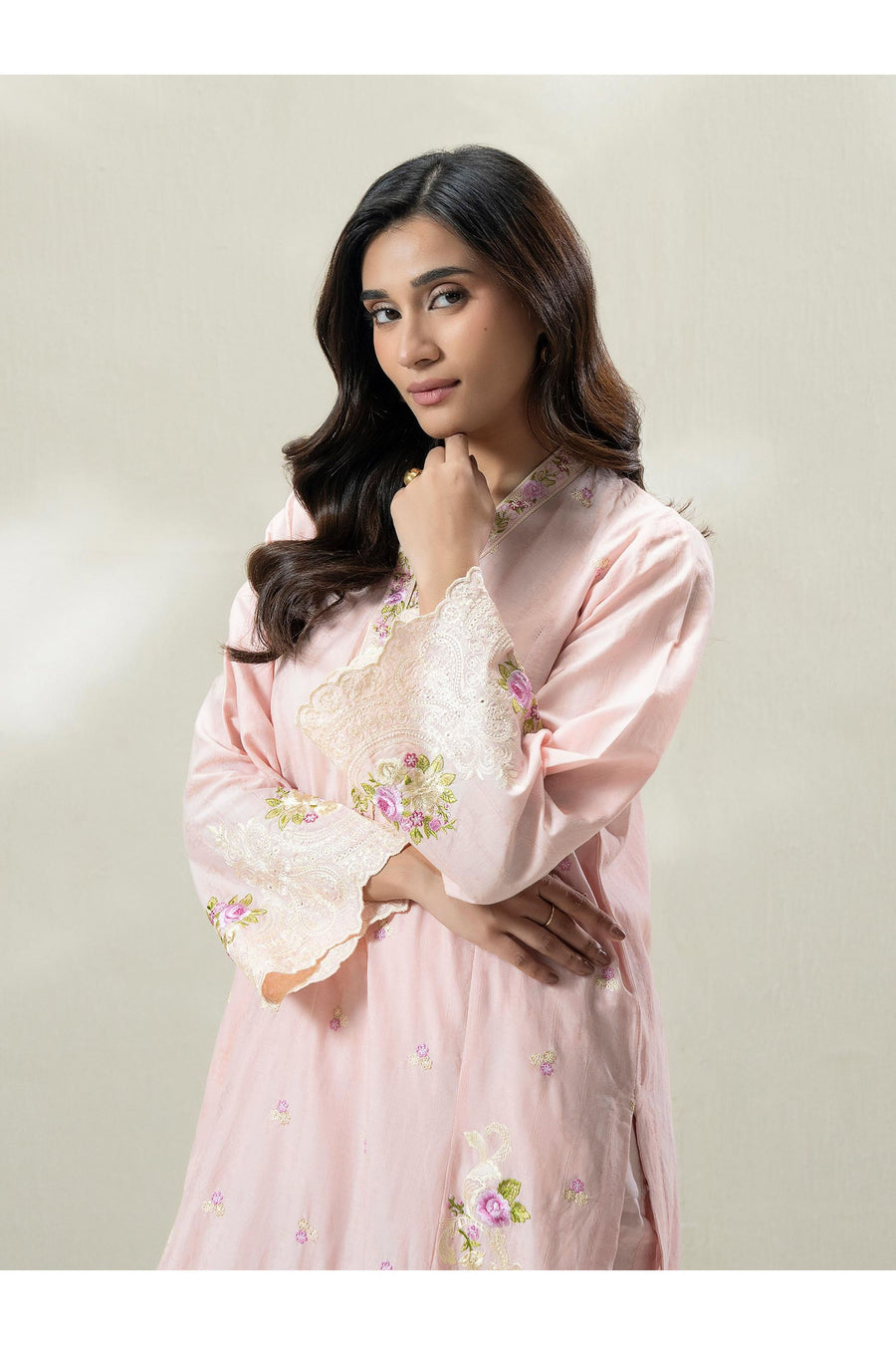 Tea Pink Jacquard 3-Piece Suit | Floral Resham Embroidery