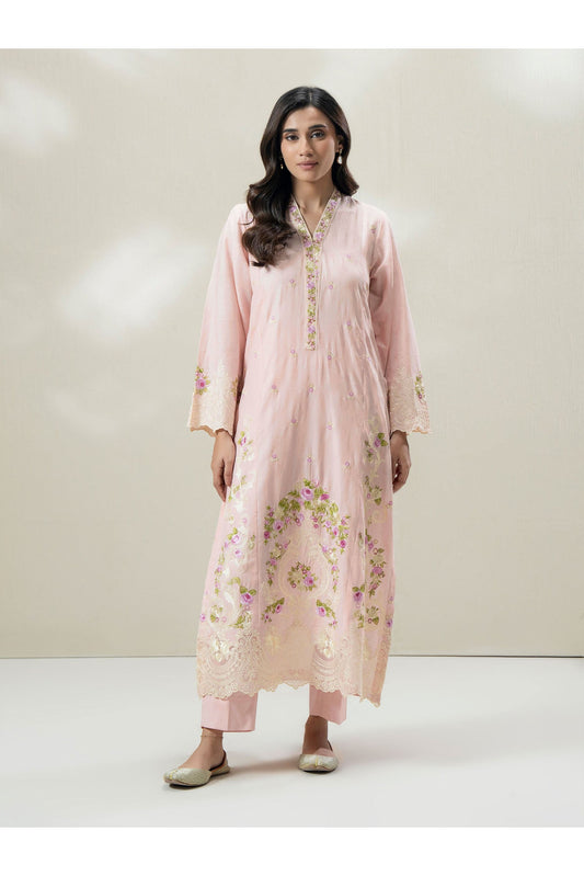 Tea Pink Jacquard 3-Piece Suit | Floral Resham Embroidery