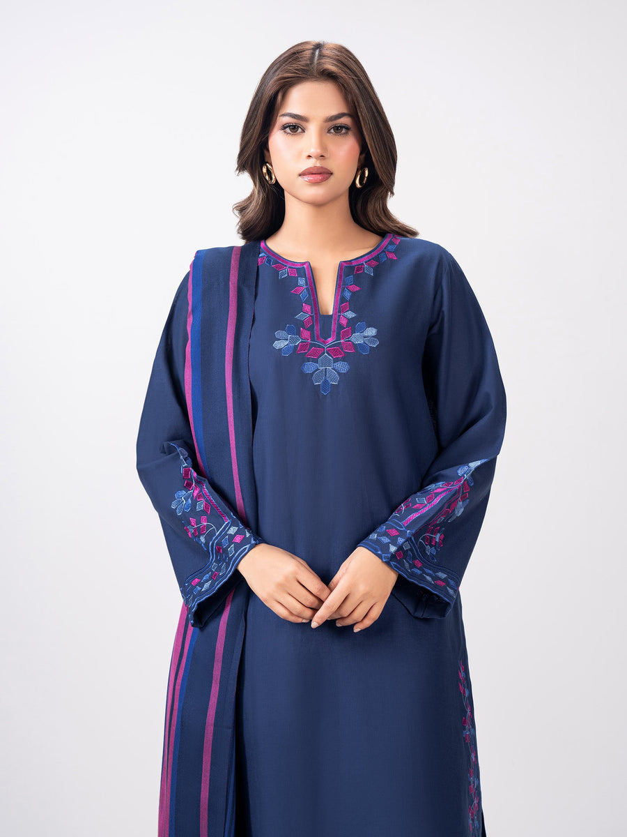 3 Piece Slub Khaddar Suit- Embroidered (Pret) - Pehnaawaa