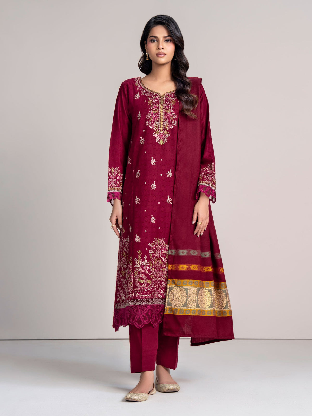 3 Piece Self Jacquard Suit- Embroidered (Pret)