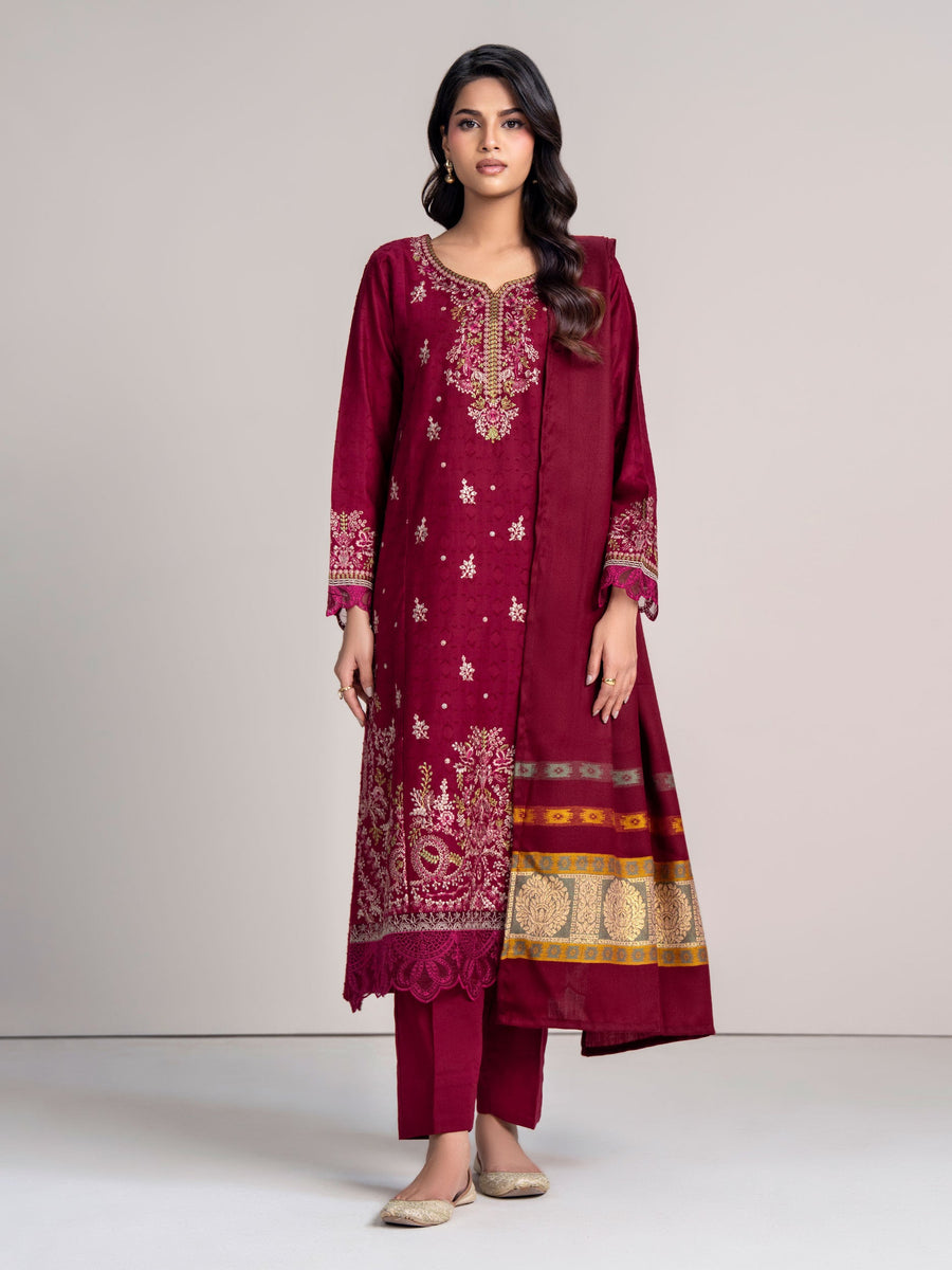 3 Piece Self Jacquard Suit- Embroidered (Pret) - Pehnaawaa