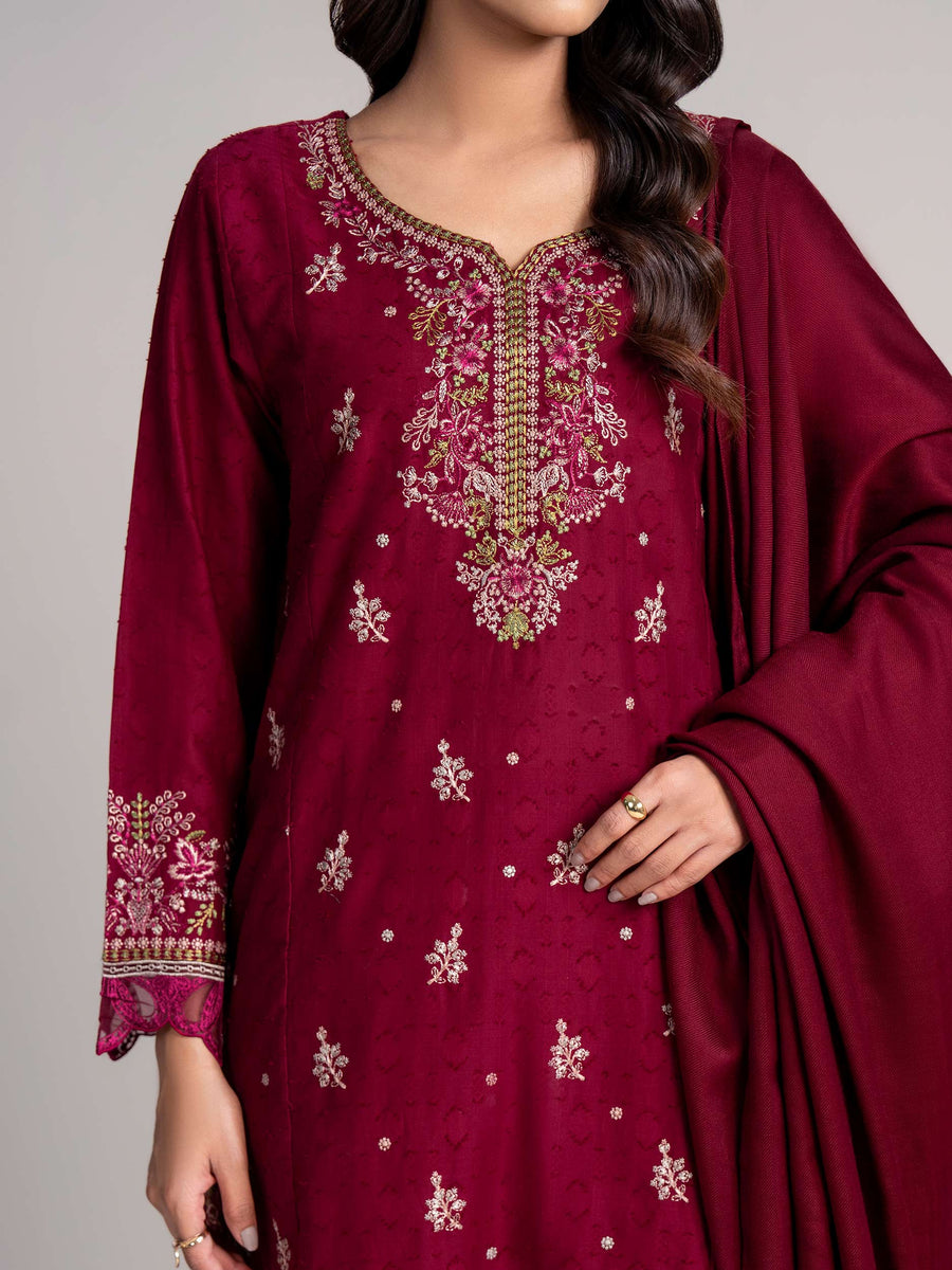 3 Piece Self Jacquard Suit- Embroidered (Pret) - Pehnaawaa