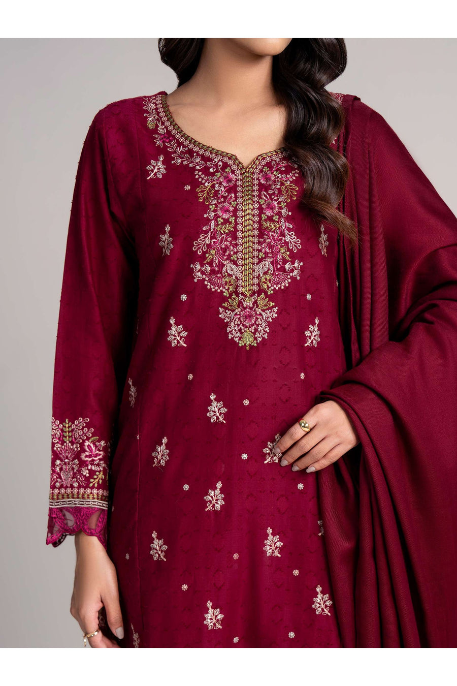 Burgundy Jacquard 3-Piece Suit | Zardosi & Gota Embroidery